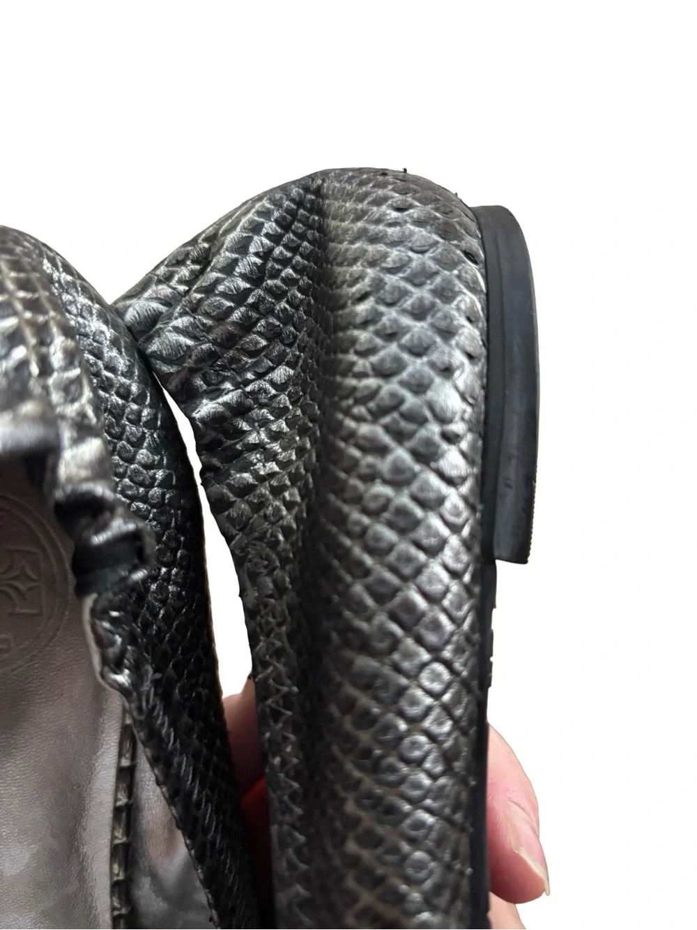 Tory Burch Black Reva Snake-Embossed Ballet Flats Sz 10